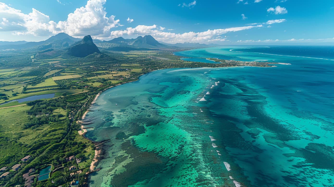 Best areas to buy property in Mauritius – aerial view of the west coast showing turquoise lagoon, mountains and lush landscape