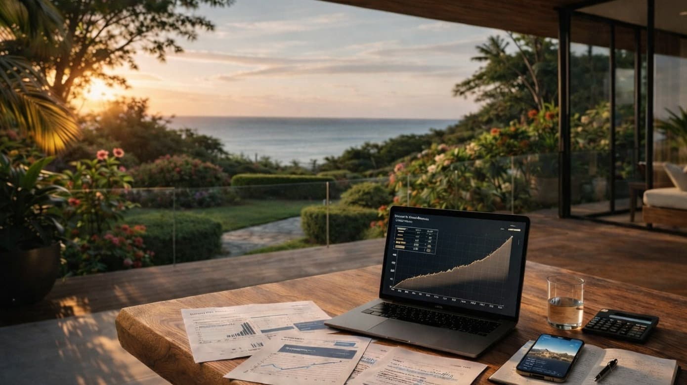 Vue mer depuis une villa à l’île Maurice avec ordinateur portable et documents financiers, illustrant le rendement locatif et l’investissement immobilier