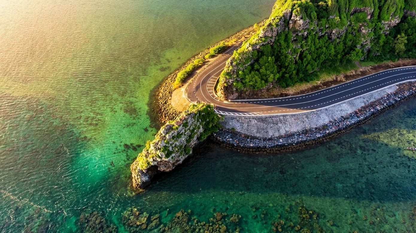 Vue aérienne de la route de Macondé sur la côte sud de l’île Maurice, entre falaise verdoyante et océan turquoise